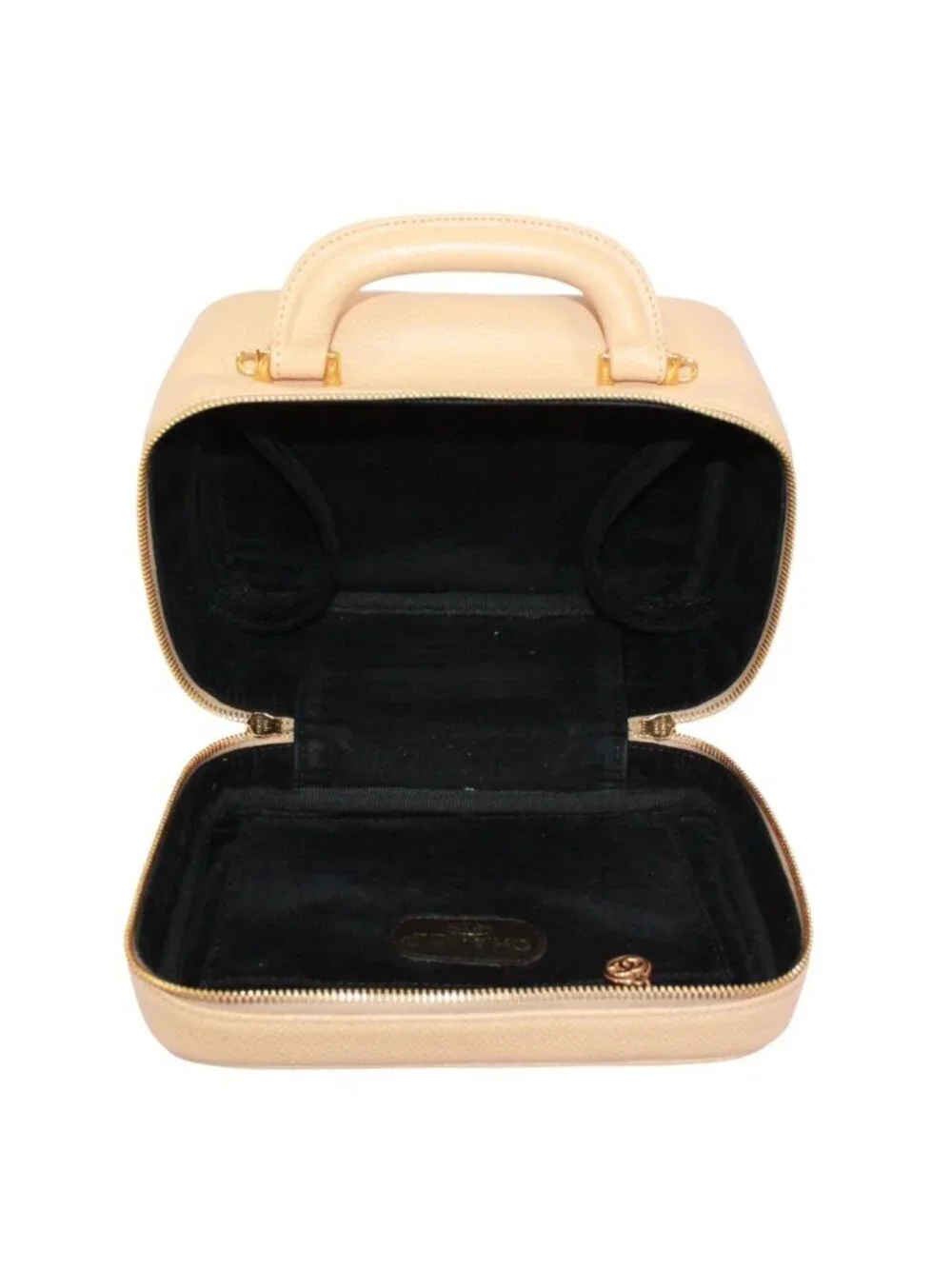 Chanel CC Logo Vanity Bag Caviar Leather Beige Handbag Gold
